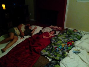 The family camping out in the living room.  And so it begins...