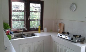 Our kitchen, small and clean.  The burner runs off of propane; natural gas is not a thing here.